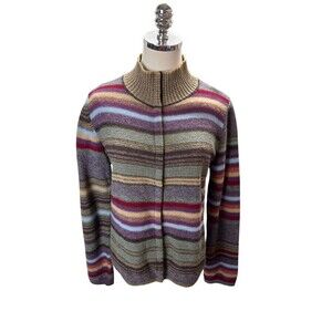 Benetton Italy Cardigan Women's Size Large Multicolor Stripes Sweater Woolmark